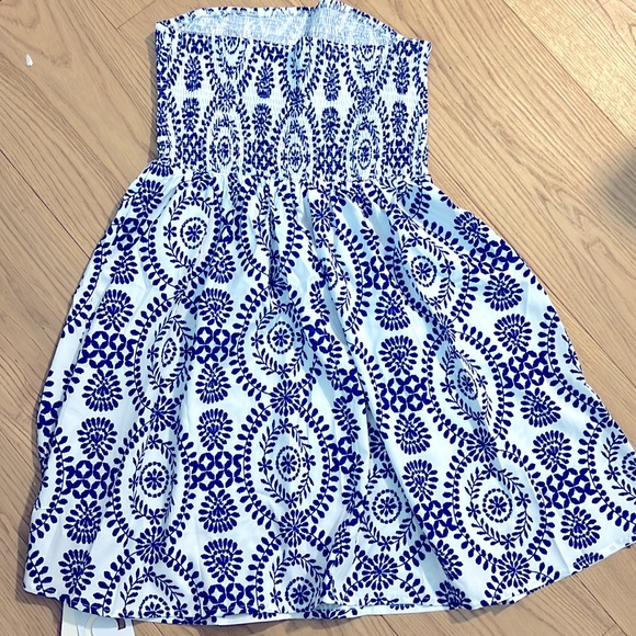 NEW! coastal 2026 vacay COMMENSE smocked mini dress blue white S - Picture 7 of 9